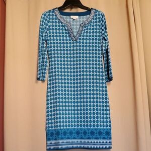 Magnolia Grace Womens Blue 3/4 Sleeve Printed Pattern V-Neck Dress Size XS
